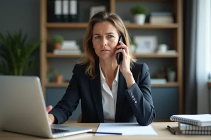 Femme d affaires au bureau avec téléphone portable