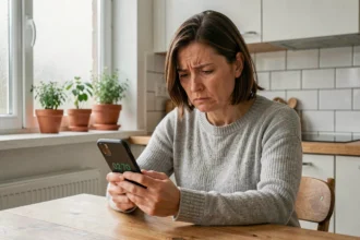 Femme regardant son smartphone avec méfiance après avoir reçu un appel en 02 70, cuisine moderne en arrière-plan
