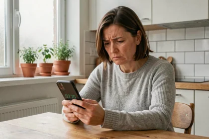 Femme regardant son smartphone avec méfiance après avoir reçu un appel en 02 70, cuisine moderne en arrière-plan