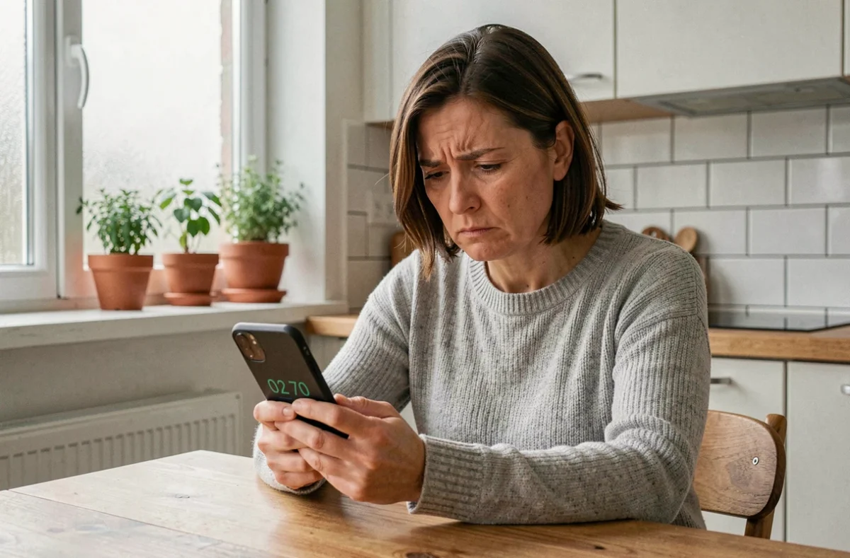 Femme regardant son smartphone avec méfiance après avoir reçu un appel en 02 70, cuisine moderne en arrière-plan