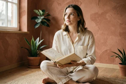 Femme contemplative tenant un livre d'astrologie ouvert, assise près d'une fenêtre dans un intérieur chaleureux, illustrant la mission de vie selon le signe astrologique du 12 juillet