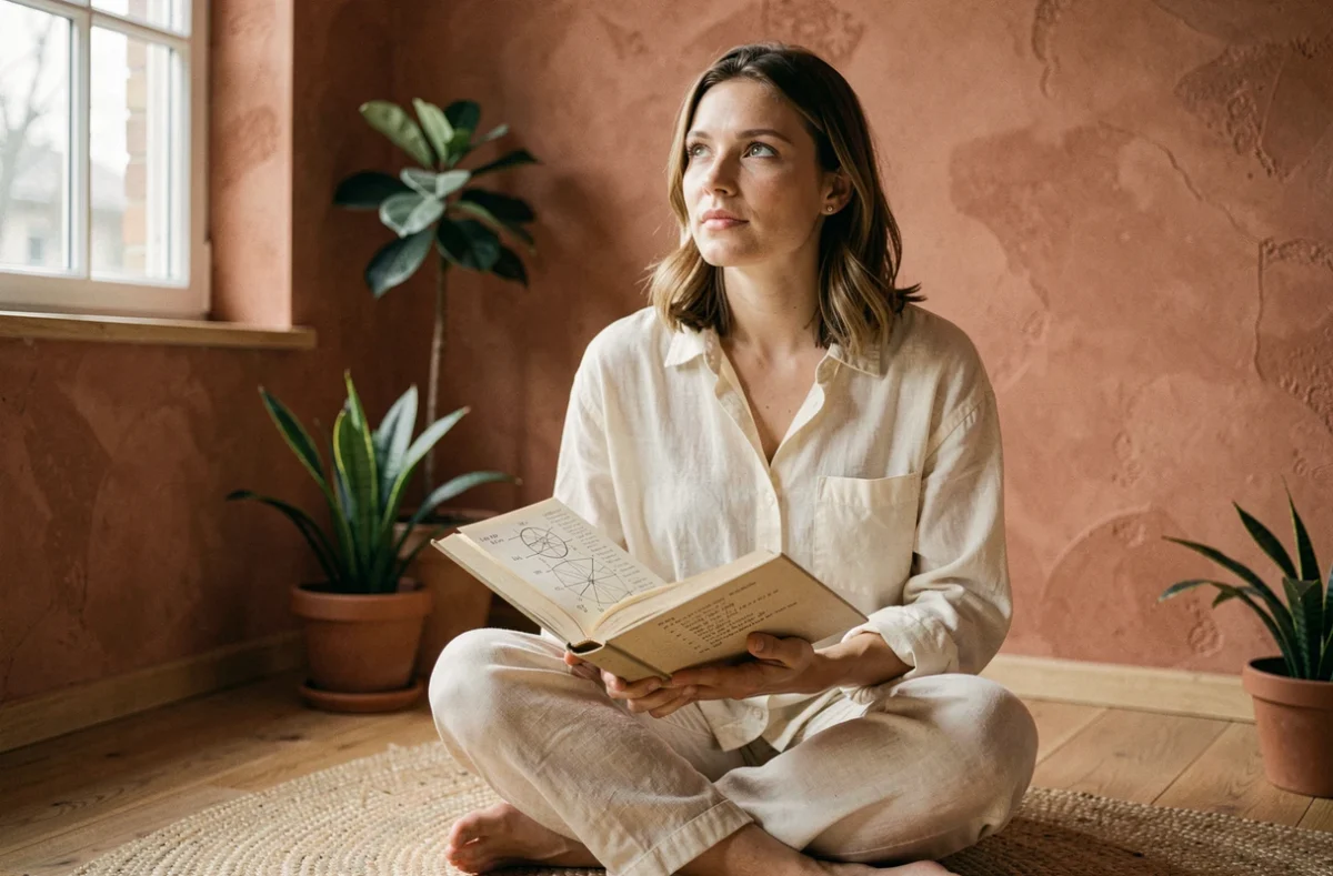 Femme contemplative tenant un livre d'astrologie ouvert, assise près d'une fenêtre dans un intérieur chaleureux, illustrant la mission de vie selon le signe astrologique du 12 juillet
