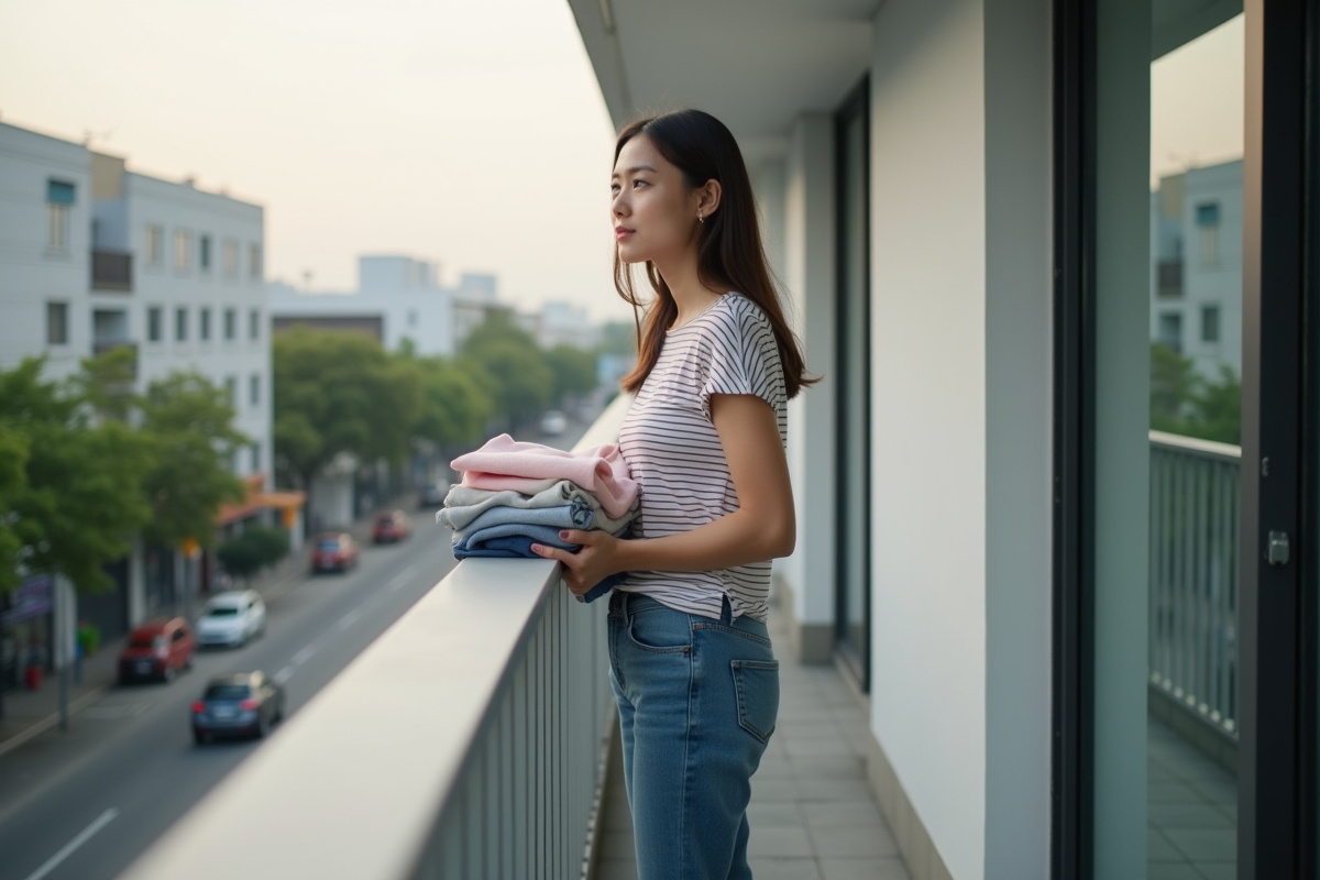 Jeune femme sur un balcon regardant la ville avec vêtements pliés