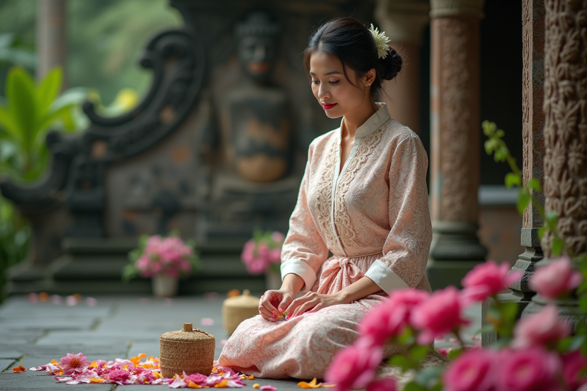 Femme balinaise en kebaya arrangeant des fleurs