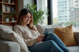 Jeune femme regardant une tablette dans un salon cosy