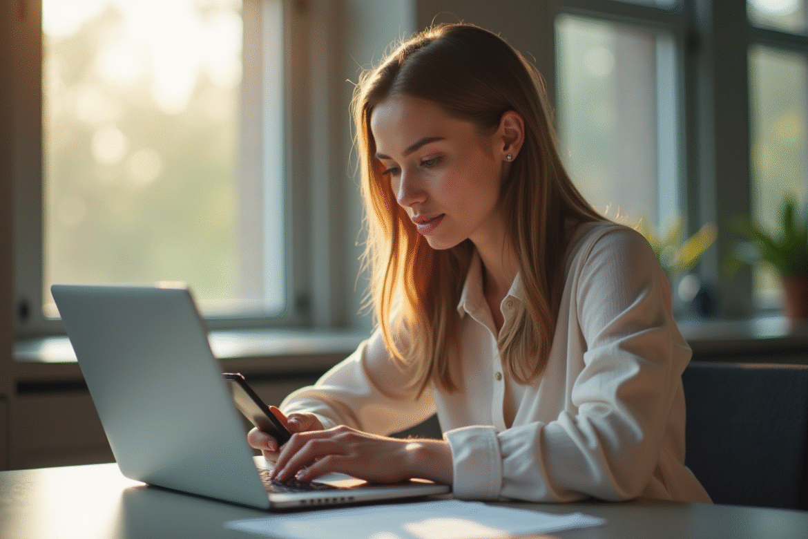 Jeune femme au bureau regardant son ordinateur portable