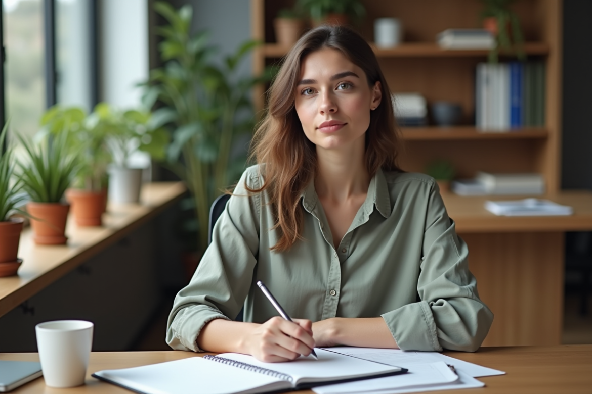 Jeune femme au bureau prenant des notes dans un espace organisé