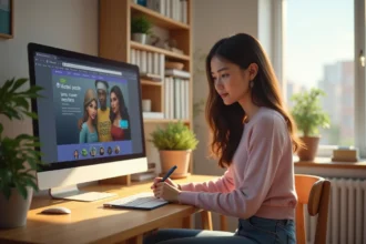 Jeune femme au bureau à la maison avec Sims 4 et notes