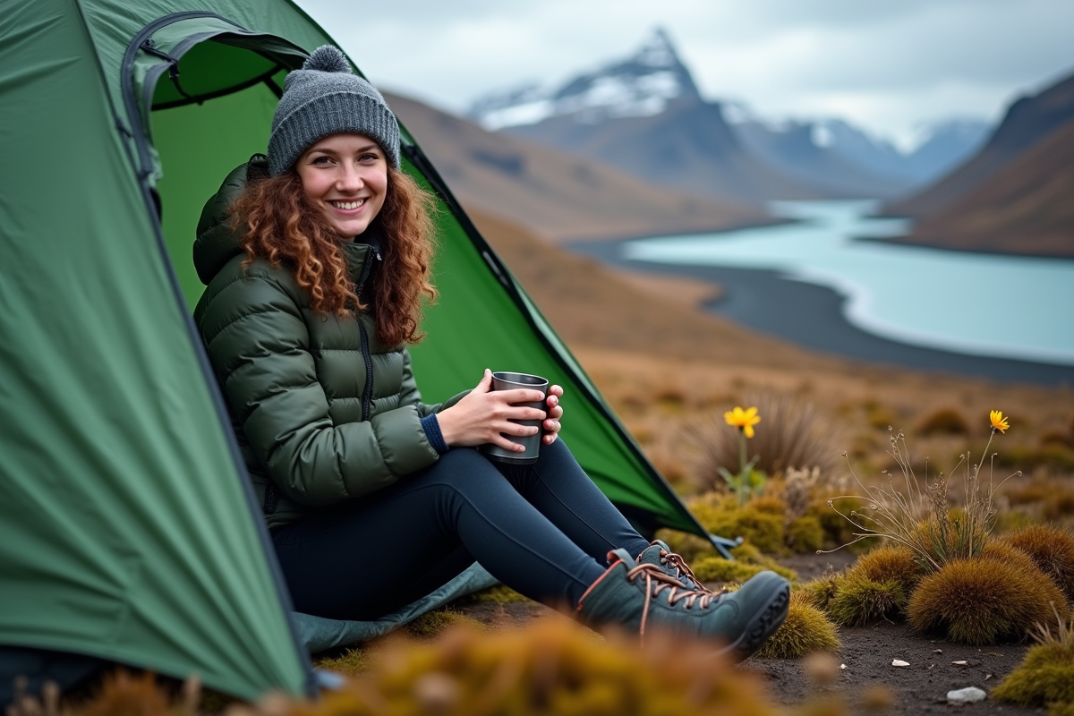 Jeune femme au camping en Islande avec tente et montagnes