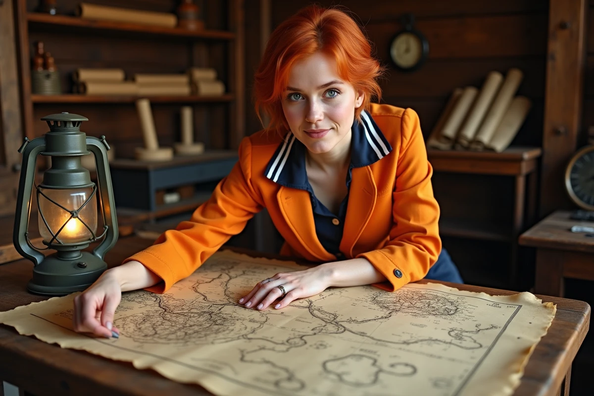 Femme aux cheveux courts sur une carte au trésor dans une cabine de bateau en bois, univers pirate inspiré de One Piece