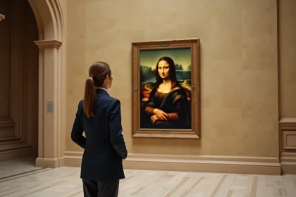 Femme contemplant une reproduction de la Joconde dans une galerie de musée aux murs en pierre beige