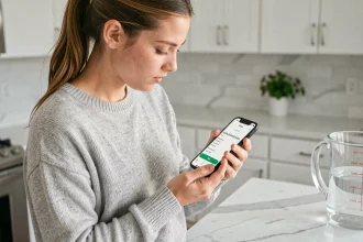 Femme utilisant une application de conversion de litres sur smartphone dans une cuisine moderne avec un pichet gradué