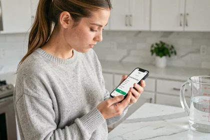 Femme utilisant une application de conversion de litres sur smartphone dans une cuisine moderne avec un pichet gradué