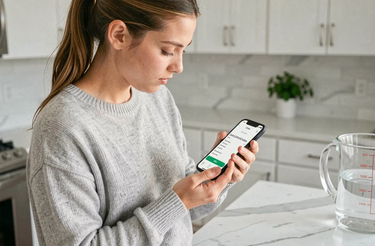 Femme utilisant une application de conversion de litres sur smartphone dans une cuisine moderne avec un pichet gradué