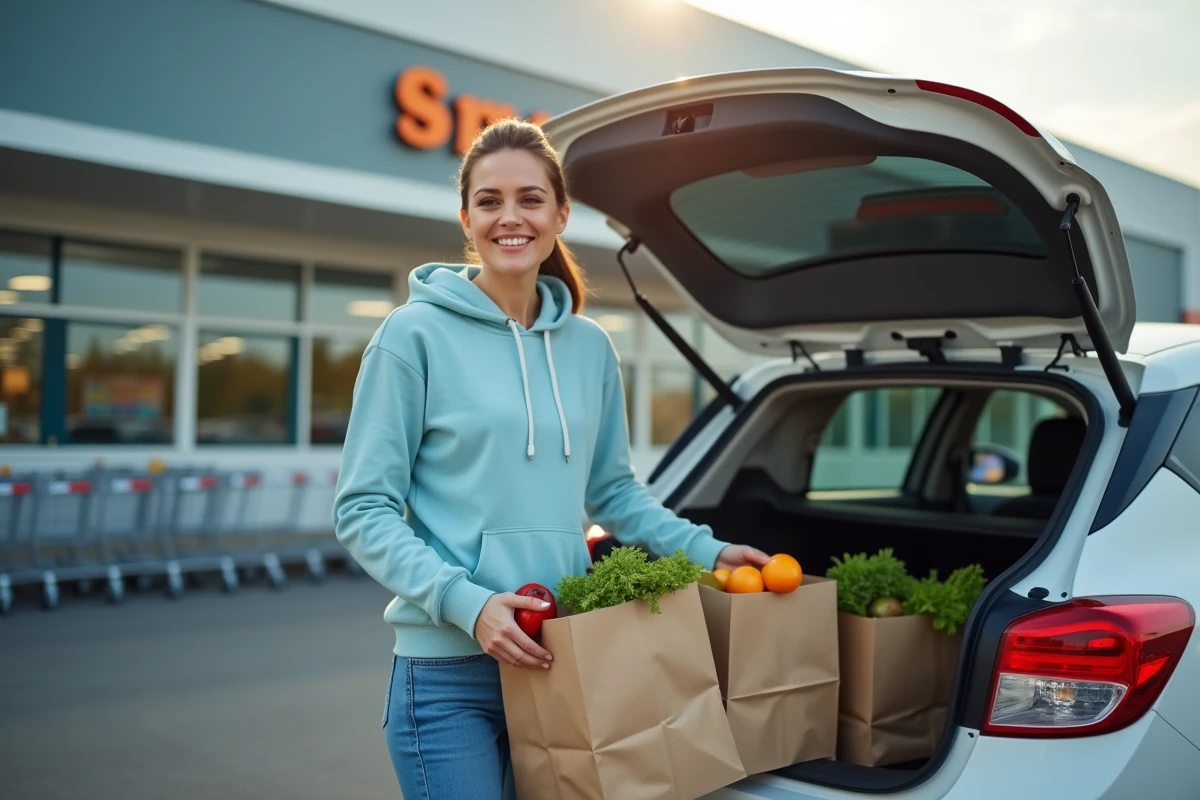 Femme déposant ses courses Leclerc Drive dans le coffre de sa voiture dans un parking de supermarché