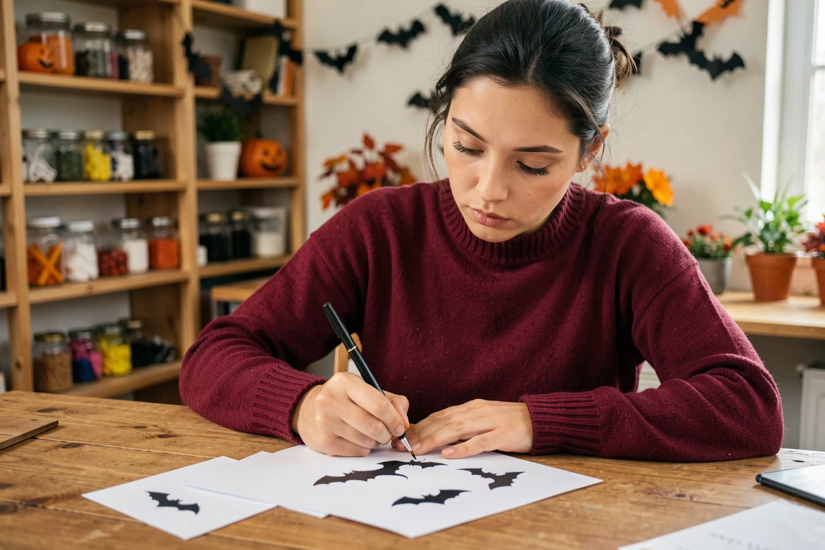 Femme dessinant des chauves-souris Halloween sur des cartes d'invitation personnalisées à son bureau avec fournitures créatives