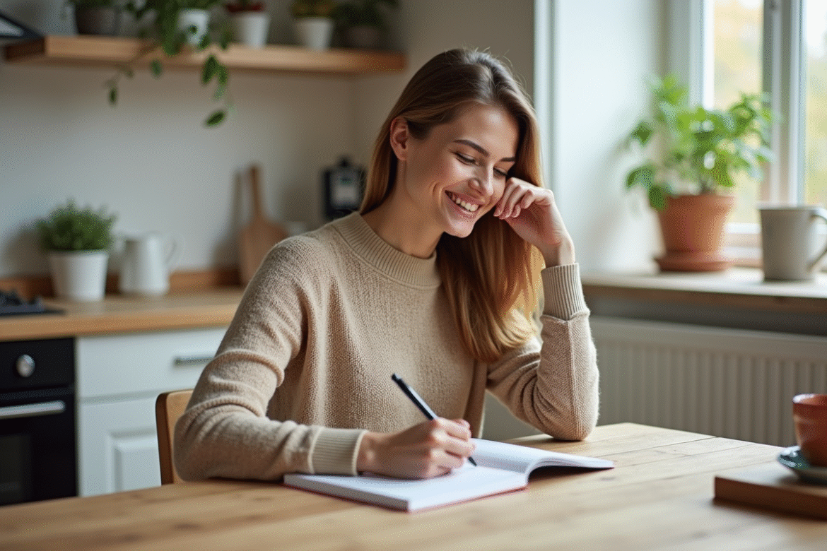 Femme écrivant dans un journal dans une cuisine lumineuse