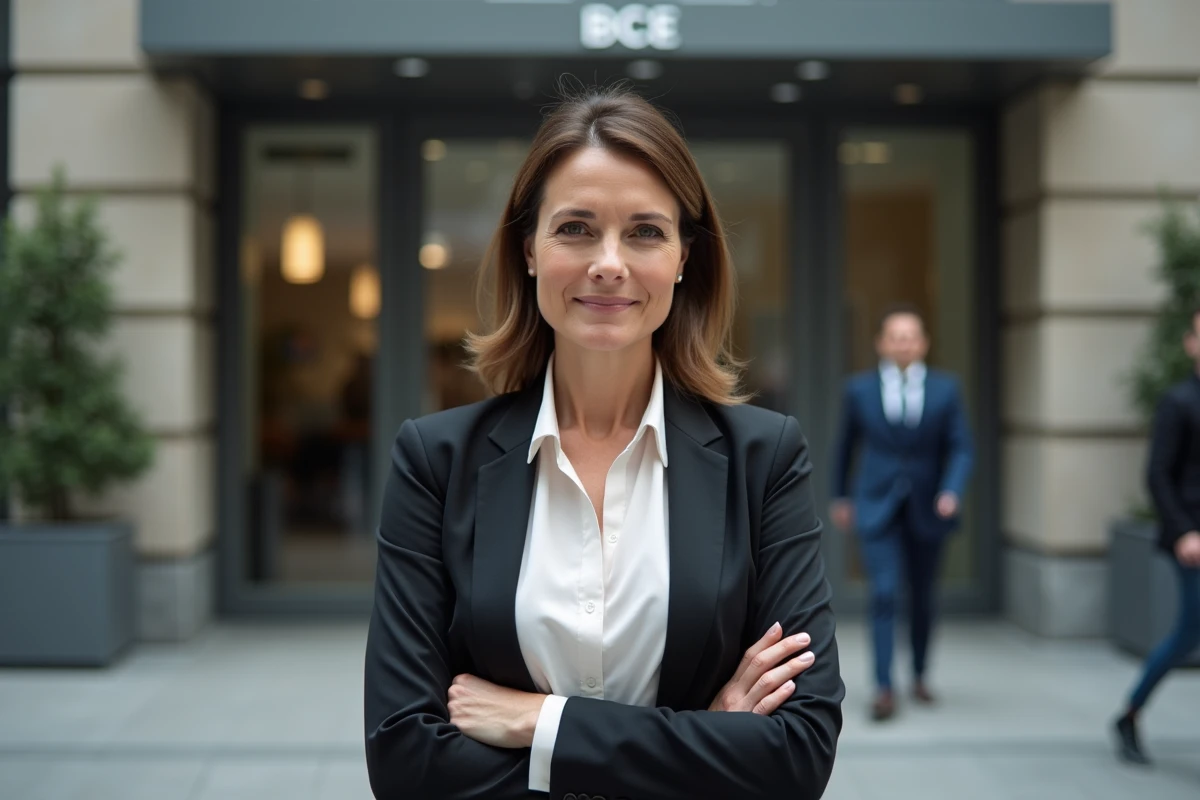 Femme européenne debout devant une institution financière moderne