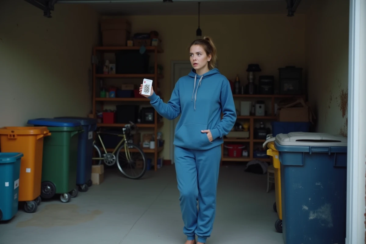 Jeune femme inquiète devant un garage avec piège à souris inefficace