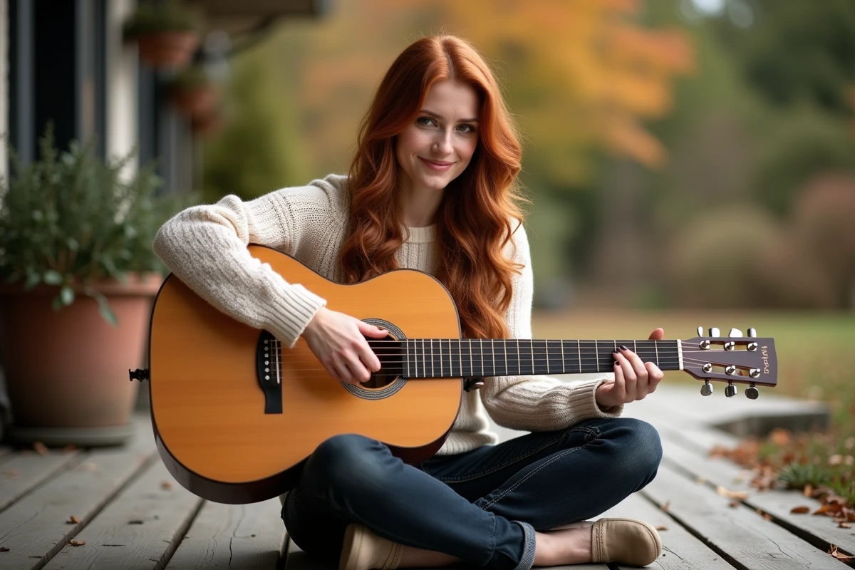 Femme jouant un morceau de Francis Cabrel en fingerstyle sur une guitare acoustique sur une terrasse en bois en automne