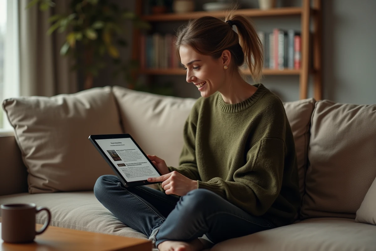 Femme lisant des chapitres de manga en français sur une tablette depuis son canapé dans un salon confortable