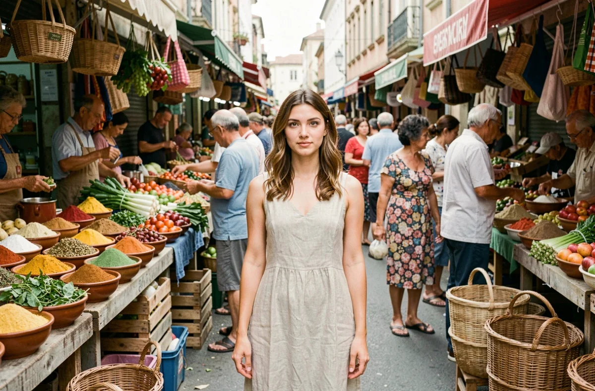 Jeune femme adulte immergée dans l'ambiance d'un marché extérieur animé entourée de vendeurs et d'acheteurs, illustrant l'usage de 'parmi' pour situer quelqu'un dans un groupe