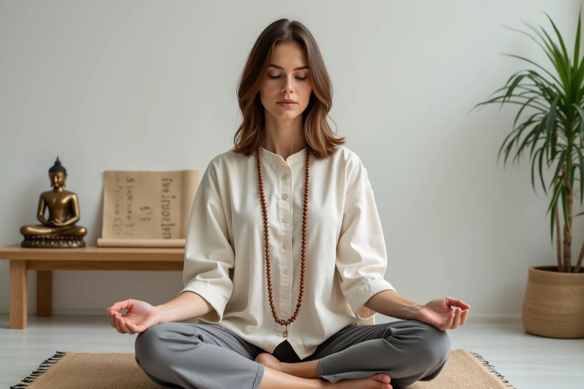 Femme occidentale pratiquant la méditation avec un mala tibétain en récitant Om Mani Padme Hum chez elle