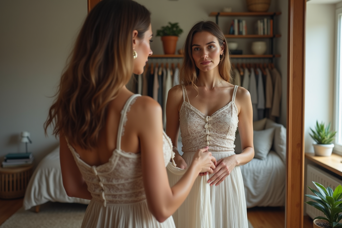 Femme regardant sa reflection en choisissant une robe