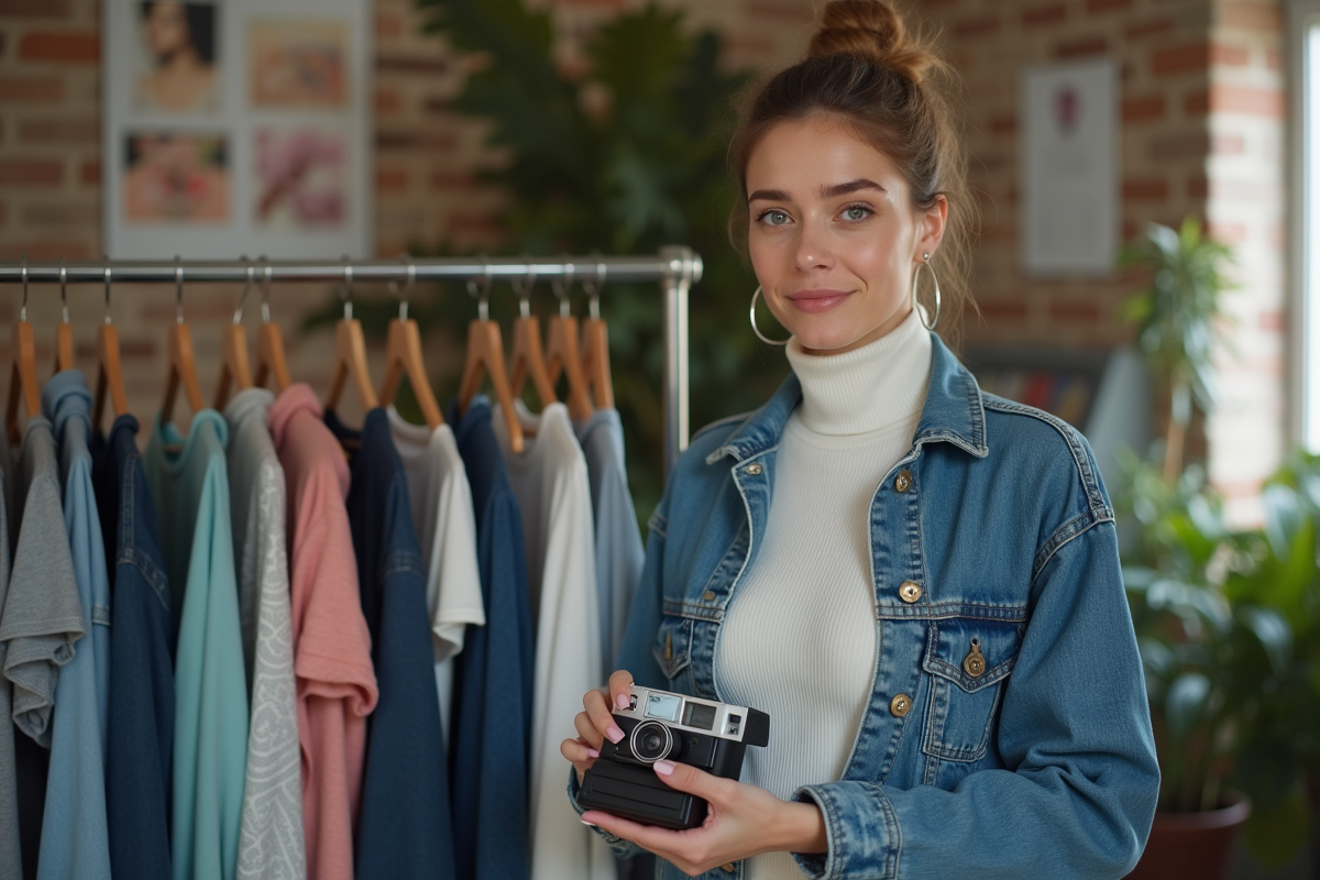 Femme confiante avec appareil photo dans un studio mode