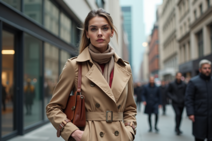 Femme élégante en trench beige dans une ville animée