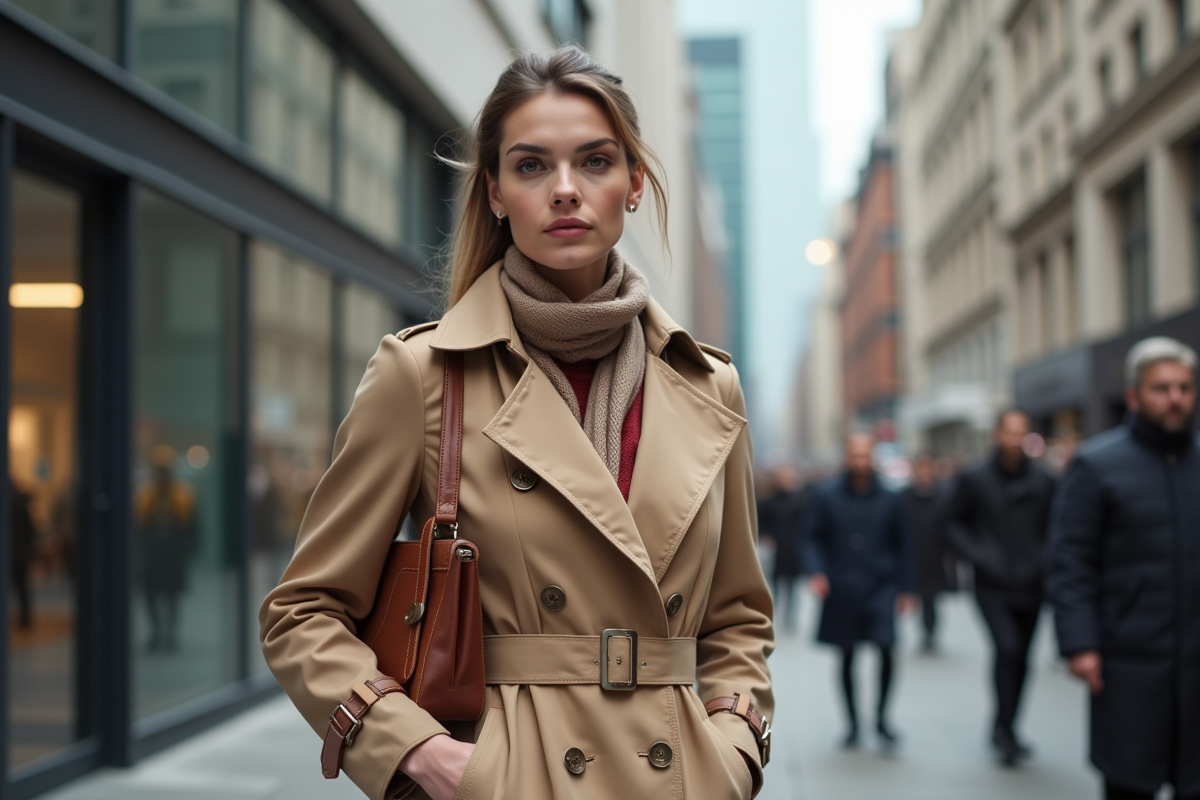 Femme élégante en trench beige dans une ville animée
