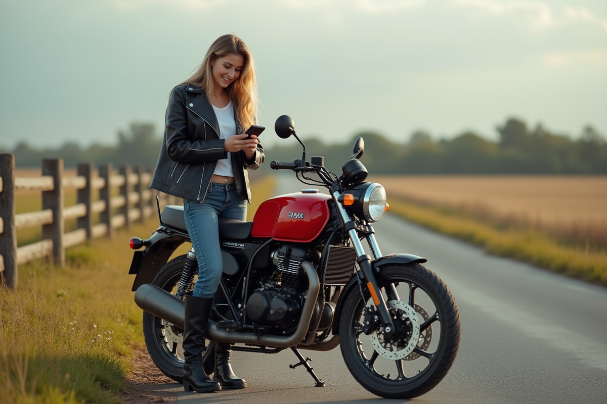 Femme souriante avec une moto Dax 125 en campagne