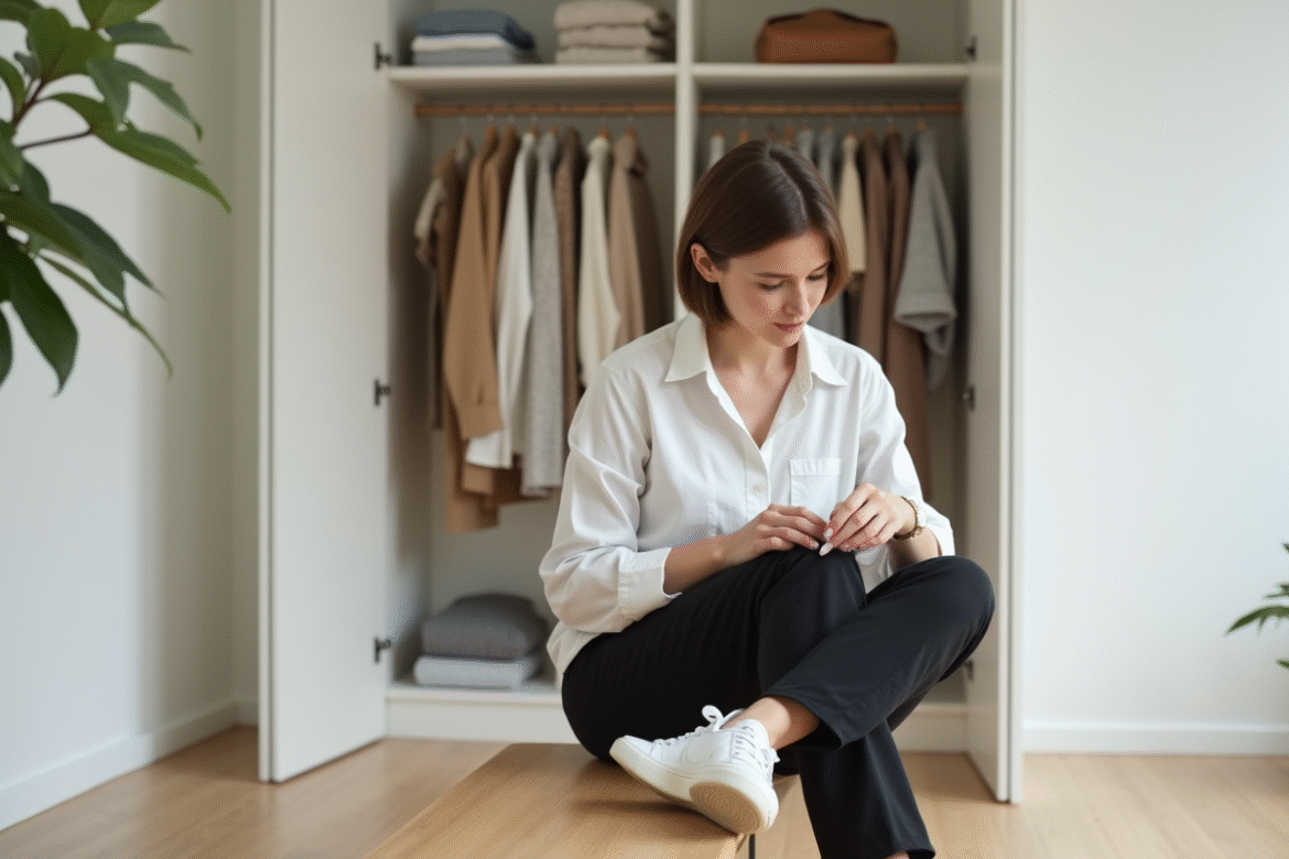 Femme organisée choisissant ses vêtements dans un vestiaire minimaliste