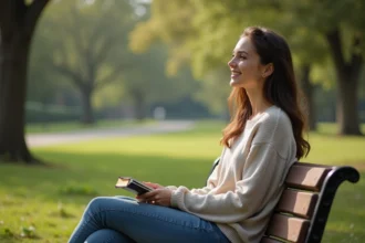 Jeune femme assise dans un parc ensoleille avec un journal