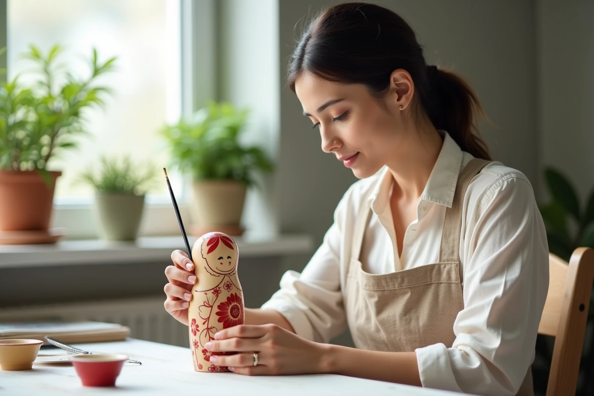 Femme peignant une poupée russe matriochka avec des motifs floraux rouges dans un atelier artisanal lumineux