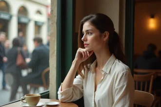Femme pensive seule dans un café parisien, regard tourné vers la fenêtre, illustrant la solitude émotionnelle et la réflexion intérieure dans une relation complexe