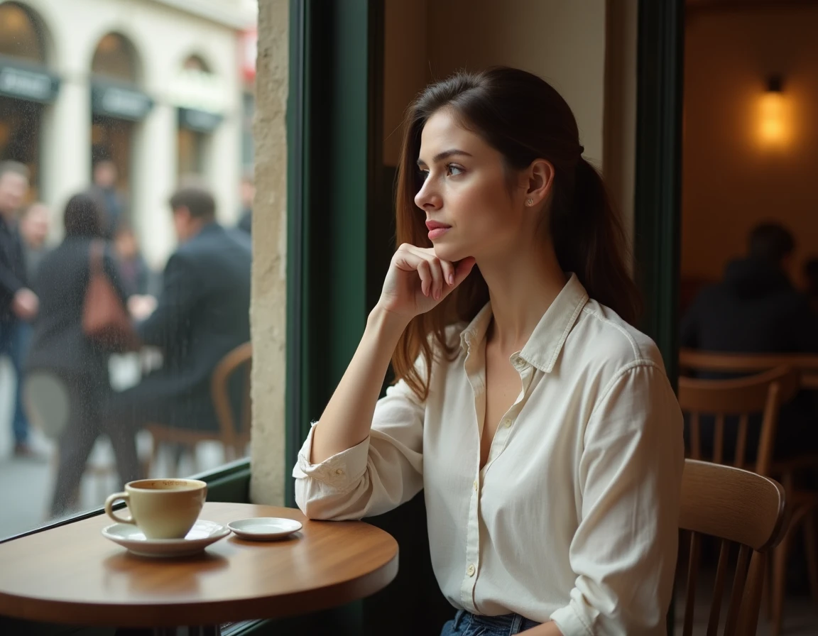 Femme pensive seule dans un café parisien, regard tourné vers la fenêtre, illustrant la solitude émotionnelle et la réflexion intérieure dans une relation complexe