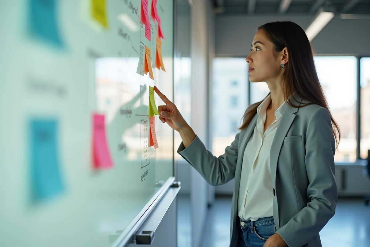 Jeune femme expliquant des diagrammes sur un tableau blanc