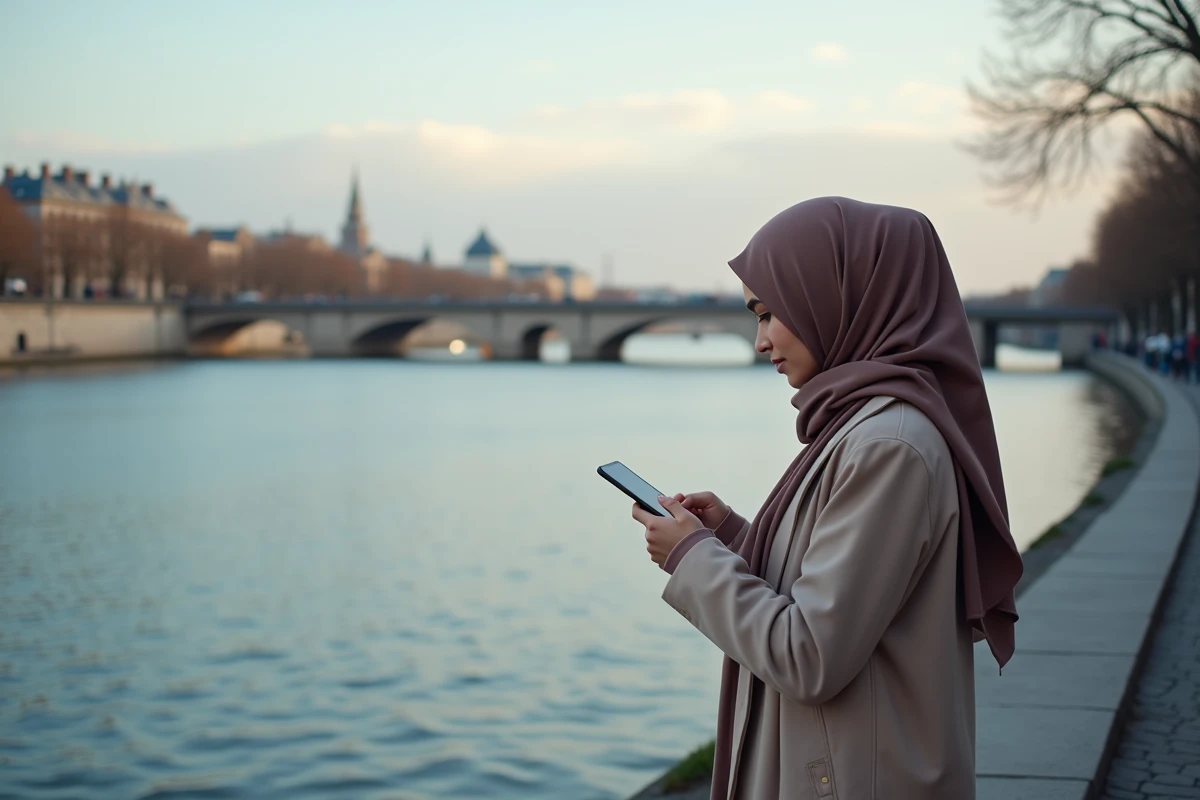 Jeune femme musulmane vérifiant ses horaires de prière près de la Seine