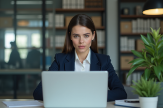 Femme professionnelle concentrée sur un ordinateur en bureau moderne