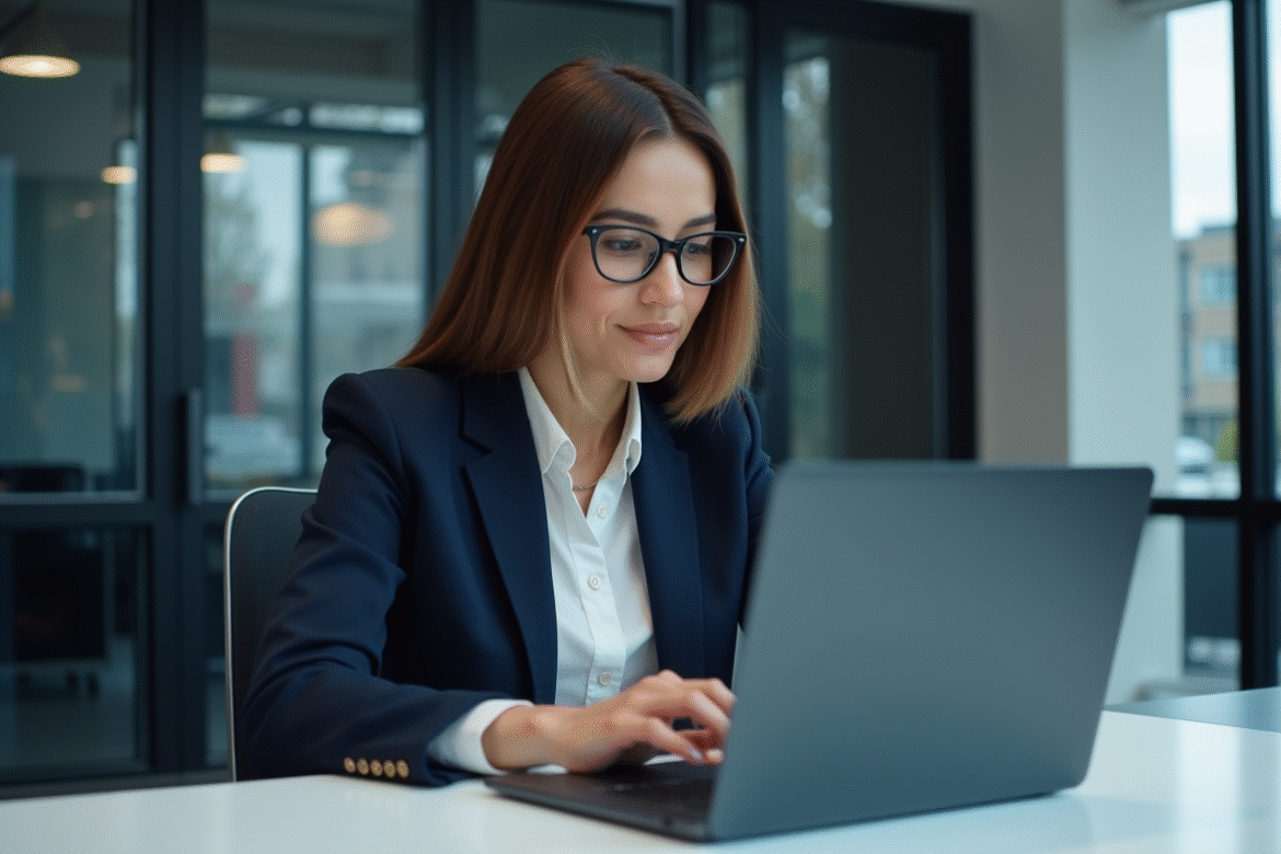 Femme professionnelle en blazer navy travaillant sur un ordinateur