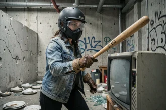 Femme en équipement de protection dans une rage room à Lyon, casque intégral et gants épais, frappant une télévision avec une batte en bois dans une salle industrielle en béton