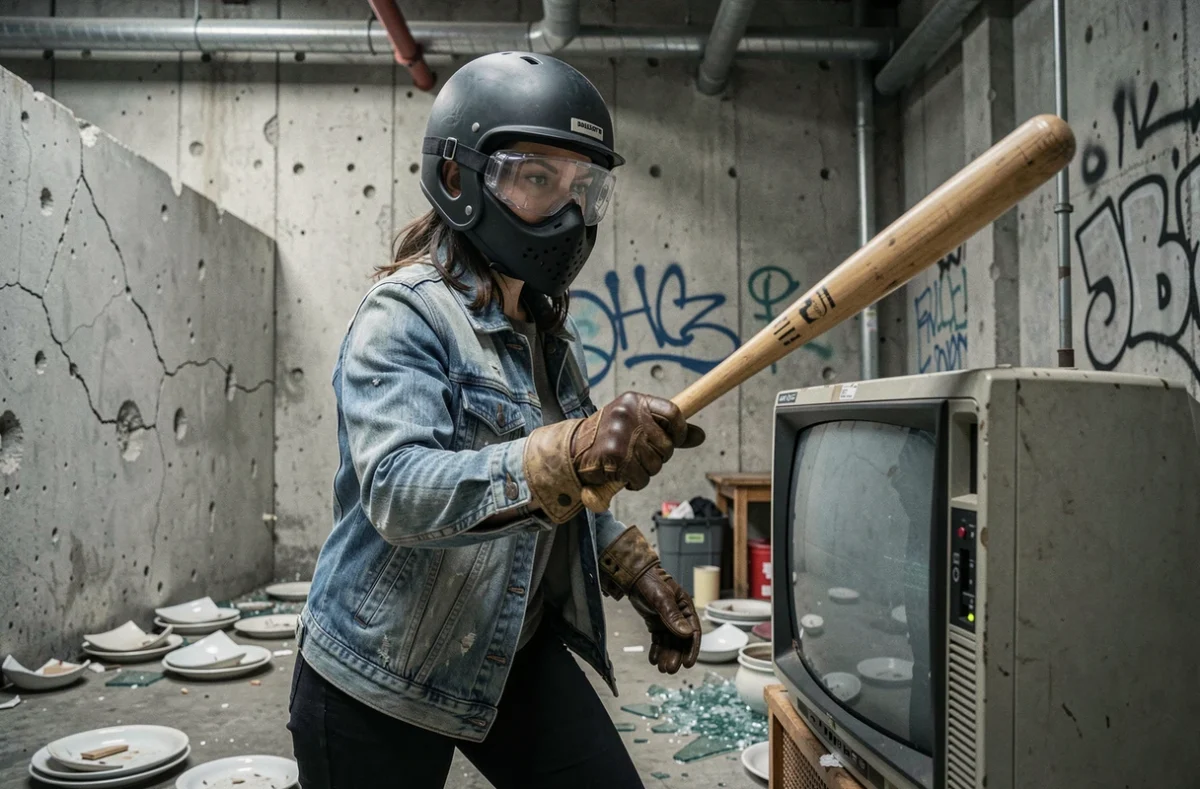 Femme en équipement de protection dans une rage room à Lyon, casque intégral et gants épais, frappant une télévision avec une batte en bois dans une salle industrielle en béton