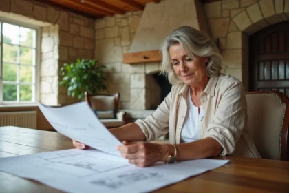 Femme examinant plans de renovation dans un salon lumineux