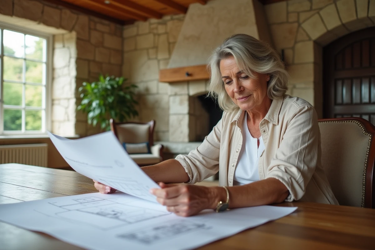 Femme examinant plans de renovation dans un salon lumineux