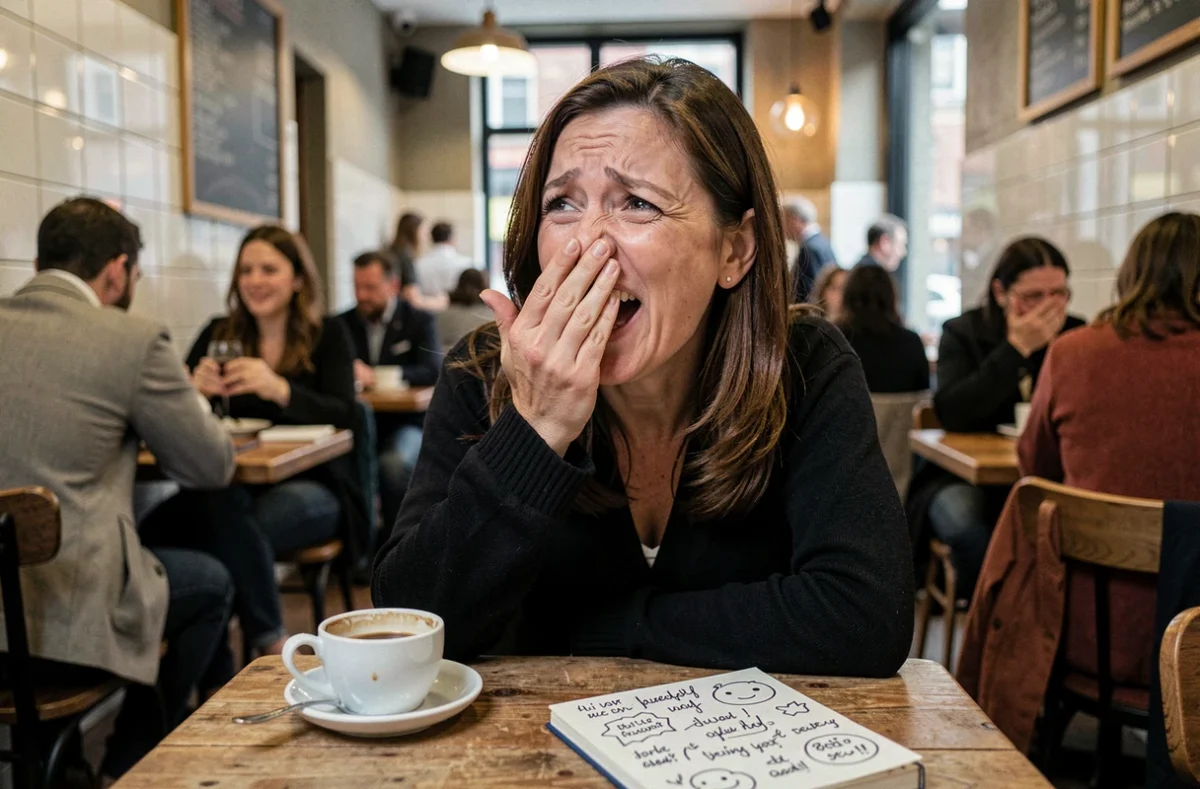 Femme riant d'une blague nulle dans un café urbain avec un carnet de jeux de mots