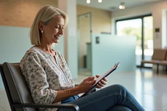 Femme d'une quarantaine dans une salle d'attente moderne
