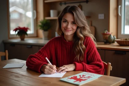Femme souriante signant une carte de Noël à la maison