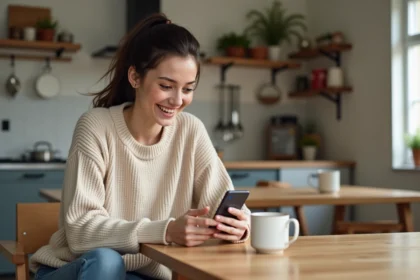 Jeune femme souriante vérifiant un suivi sur son smartphone dans la cuisine