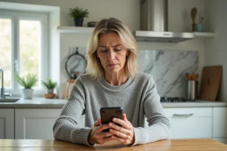 Femme tenant un smartphone et regardant un numéro SVA inconnu affiché sur l'écran